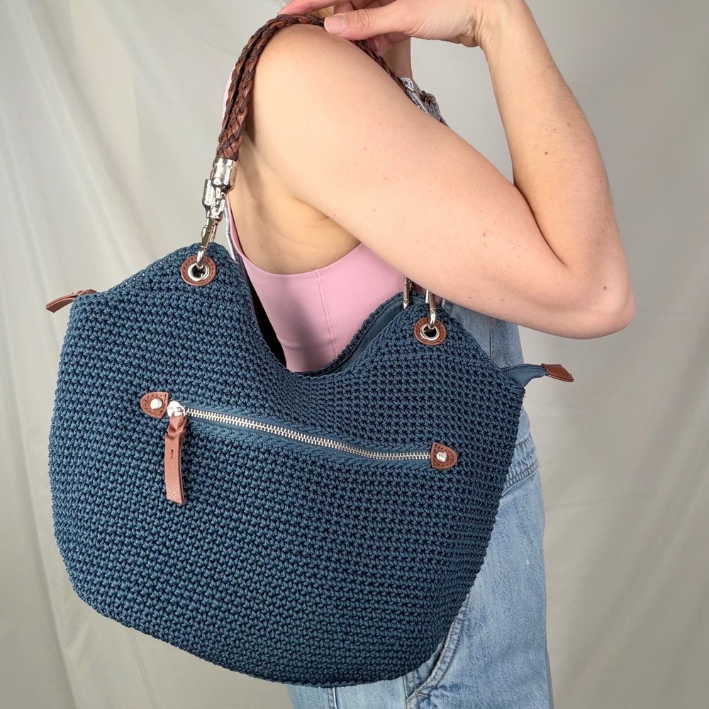 The Sak Indio Crochet Shoulder Bag Indigo Blue Braided Strap Hobo Purse Handbag - Picture 17 of 17